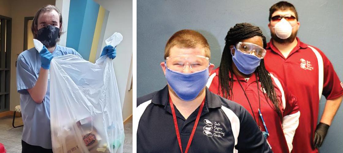 (l) Cody Domer is deep cleaning and taking out the trash at Horizon Goodwill Industries in Maryland. (r) Cody Rawlings, Ntokei Dockins and Dyland Snead work hard to prevent COVID-19  at Dale Rogers Training Center in Oklahoma. 