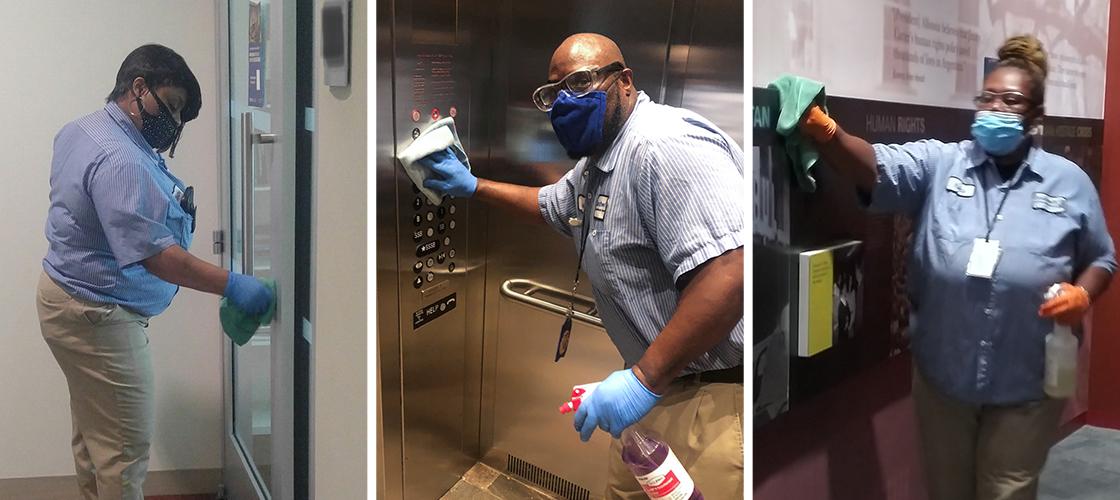 Shatika Sewell, Ronnie Horton and Yvette Jackson carefully clean all the spots that people often forget about at Goodwill of North Georgia.